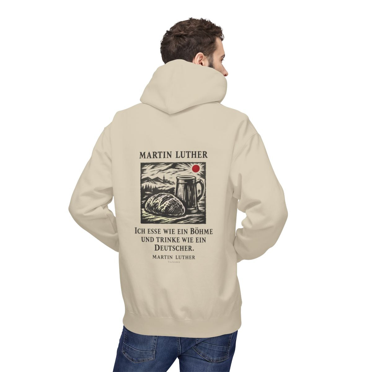 Unisex Fleece Hoodie mit Zitat - Luther - Ich esse wie ein Böhme Holzschnitt – person-2-back