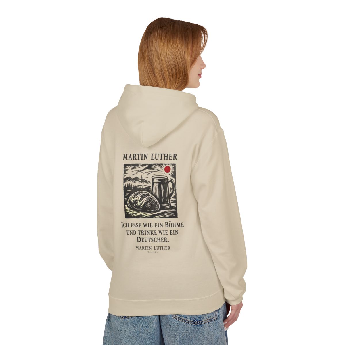 Unisex Fleece Hoodie mit Zitat - Luther - Ich esse wie ein Böhme Holzschnitt – person-1-back