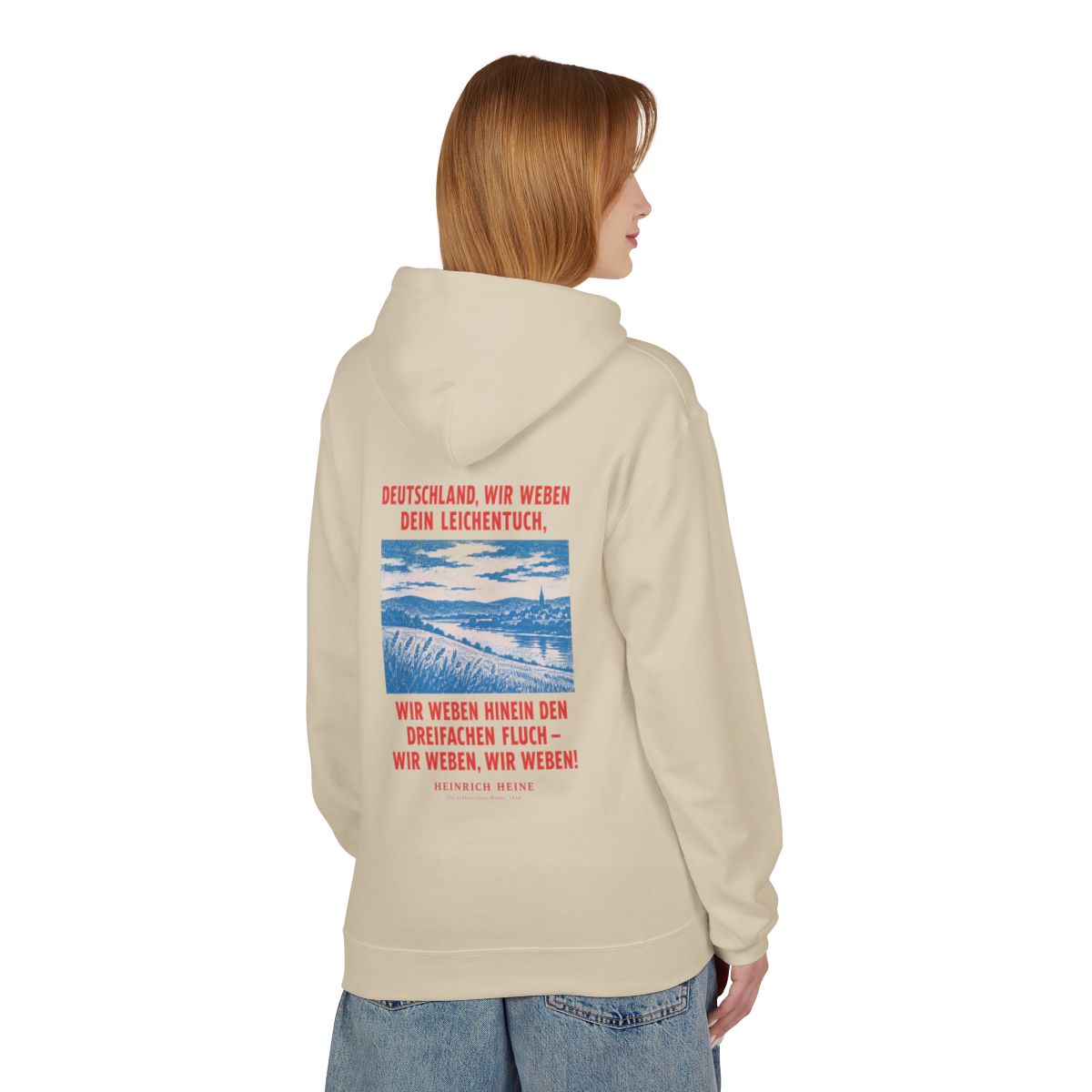 Unisex Fleece Hoodie mit Zitat - Heine - Deutschland, wir weben dein Leichentuch – person-1-back