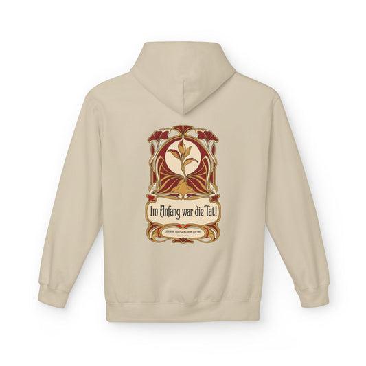 Unisex Fleece Hoodie mit Zitat - Goethe - Im Anfang war die Tat Jugendstil – back
