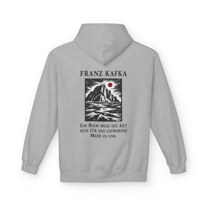 Unisex Fleece Hoodie mit Zitat - Kafka - Ein Buch muss die Axt Holzschnitt – back
