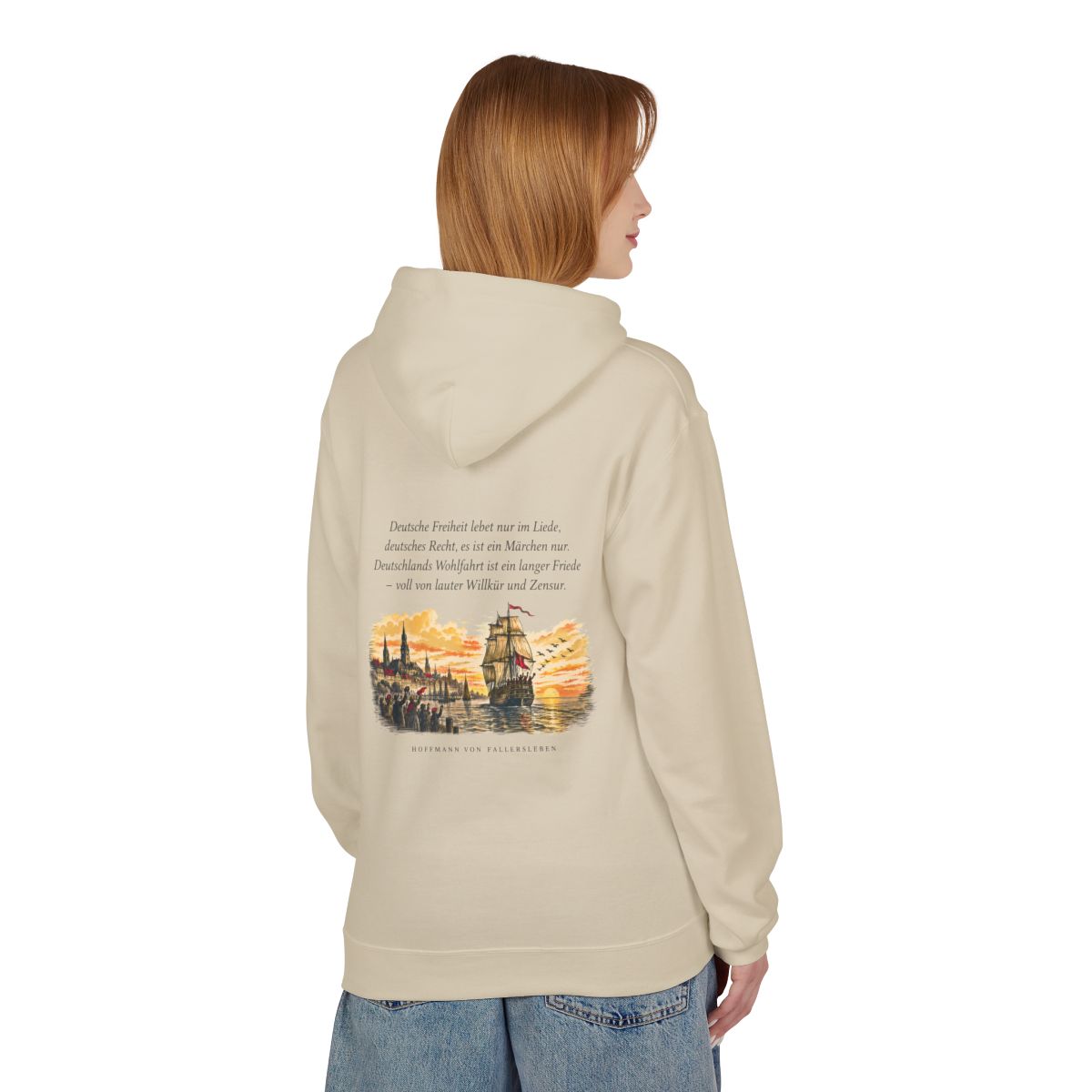Unisex Fleece Hoodie mit Zitat - Fallersleben - Deutsche Freiheit lebet nur im Liede – person-1-back