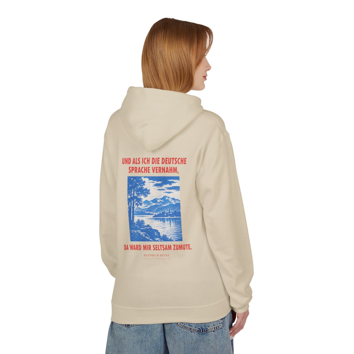 Unisex Fleece Hoodie mit Zitat - Heine - Und als ich die deutsche Sprache vernahm – person-1-back