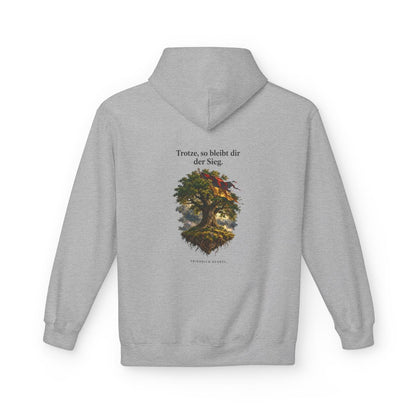 Unisex Fleece Hoodie mit Zitat - Hebbel - Trotze so bleibt dir der Sieg – back