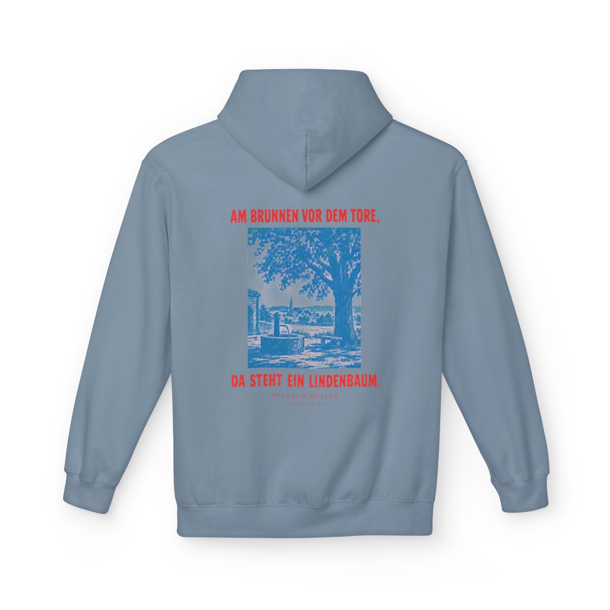 Unisex Fleece Hoodie mit Zitat - Müller - Am Brunnen vor dem Tore Plakat – back