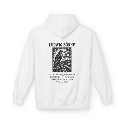 Unisex Fleece Hoodie mit Zitat - Börne - Das Geheimnis jeder Macht besteht Holzschnitt – back