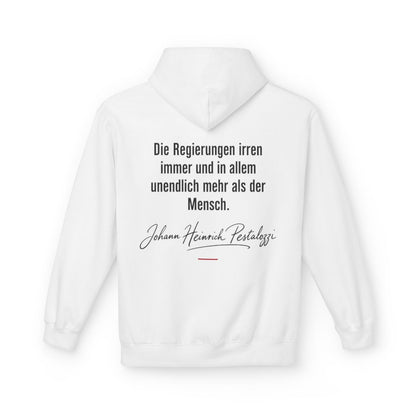Unisex Fleece Hoodie mit Zitat - Pestalozzi - Die Regierungen irren immer – back