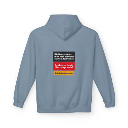 Unisex Fleece Hoodie mit Zitat - Nietzsche - Volk der Denker Balken – back