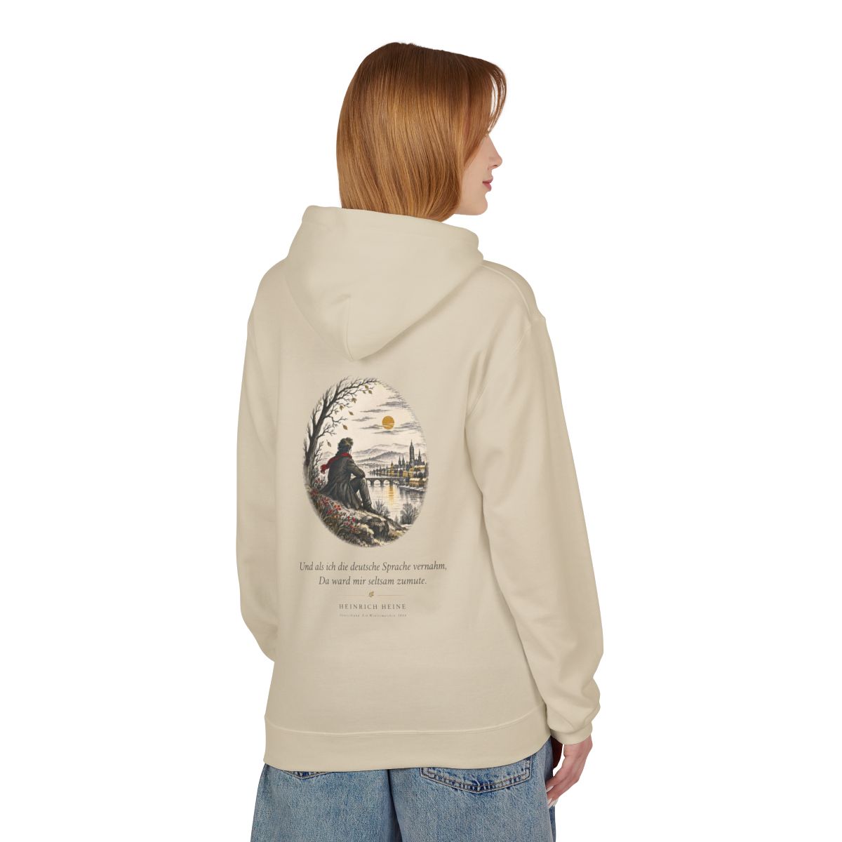 Unisex Fleece Hoodie mit Zitat - Heine - Und als ich die deutsche Sprache vernahm Nachtstück – person-1-back