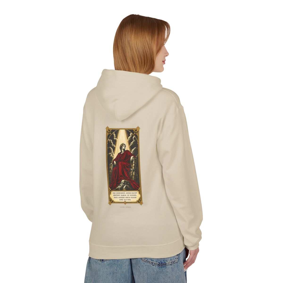 Unisex Fleece Hoodie mit Zitat - Börne - Das Geheimnis jeder Macht besteht – person-1-back