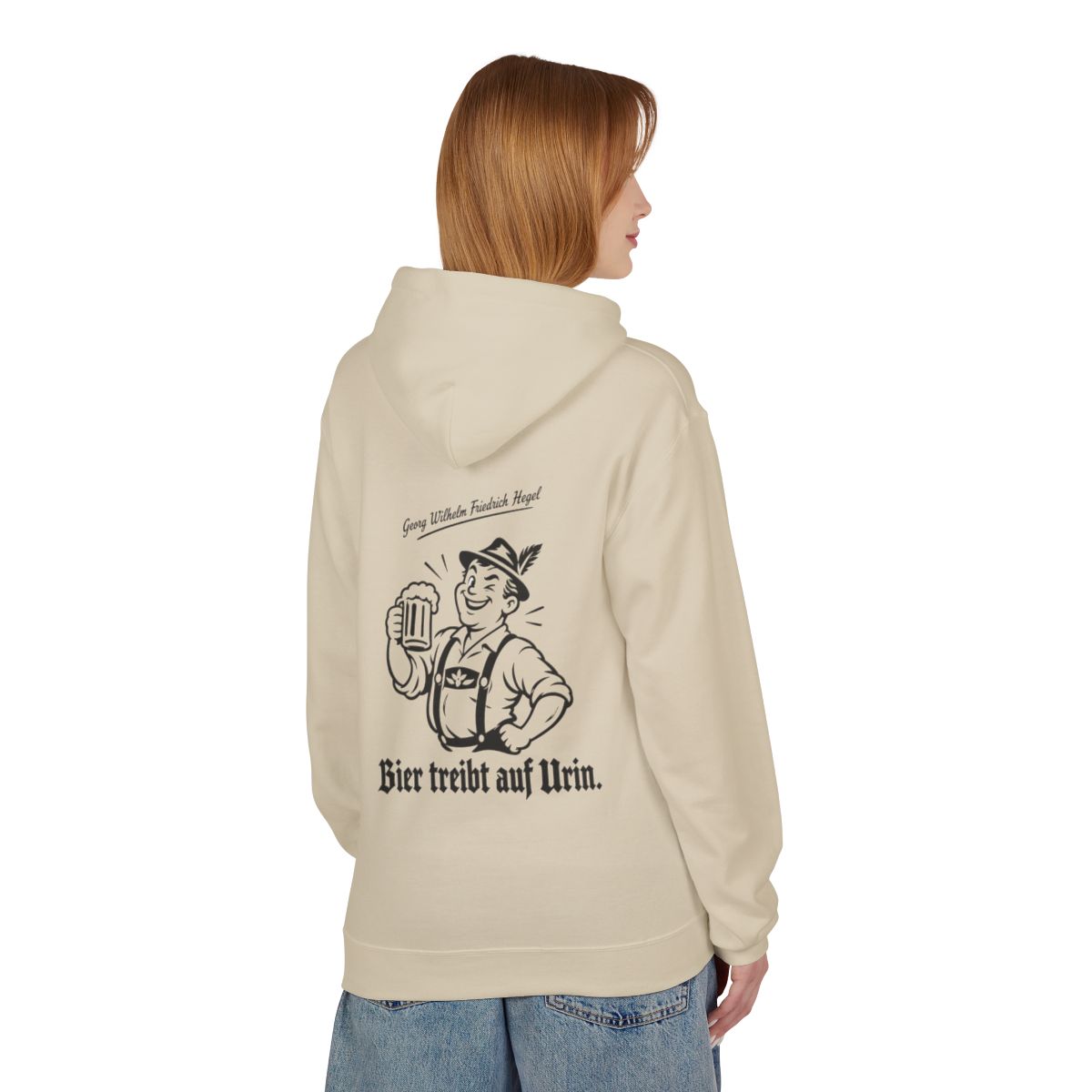 Unisex Fleece Hoodie mit Zitat - Hegel - Bier treibt auf Urin – person-1-back
