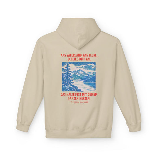 Unisex Fleece Hoodie mit Zitat - Schiller - Ans Vaterland, ans teure, schließ dich an – back