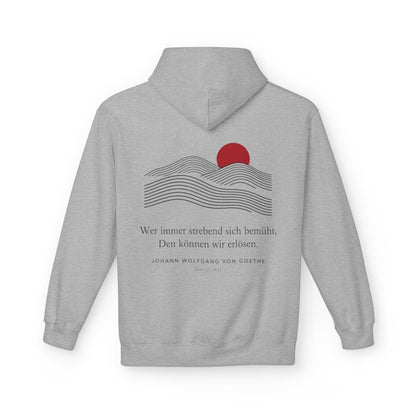 Unisex Fleece Hoodie mit Zitat - Goethe - Wer immer strebend sich bemüht Linien – back