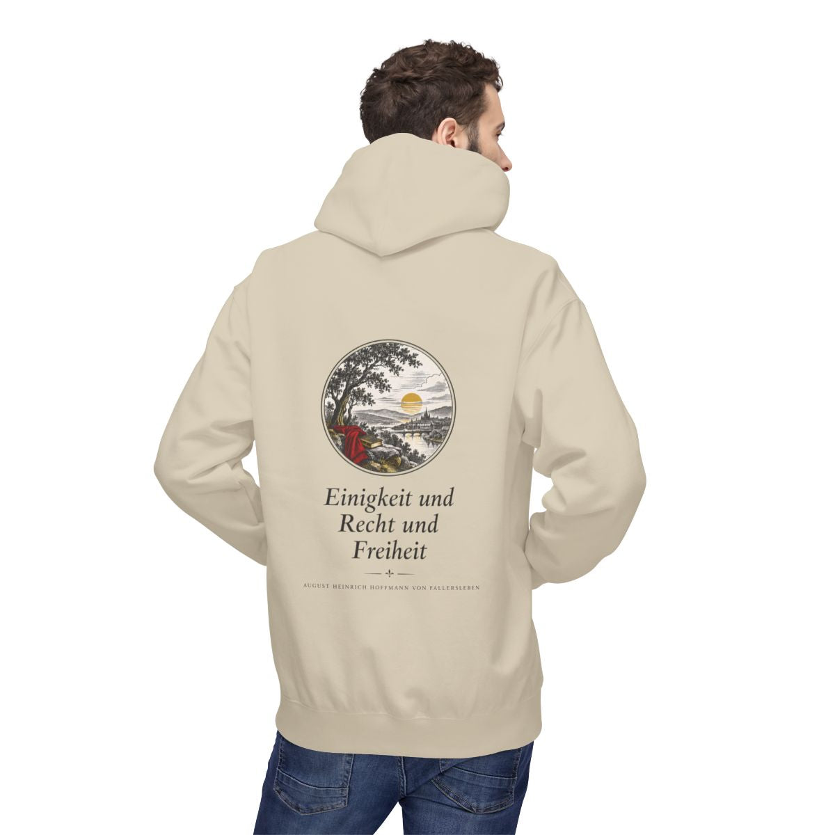 Unisex Fleece Hoodie mit Zitat - Fallersleben - Einigkeit und Recht und Freiheit Nachtstück – person-2-back