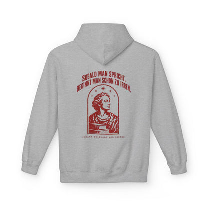 Unisex Fleece Hoodie mit Zitat - Goethe - Sobald man spricht Vintage – back