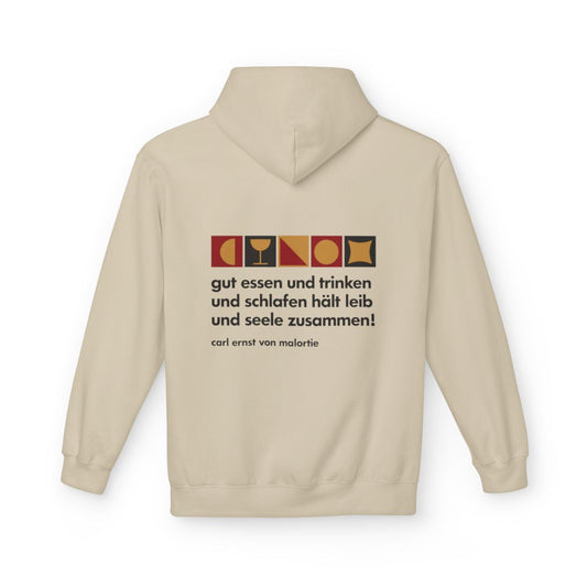 Unisex Fleece Hoodie mit Zitat - Malortie - Essen Trinken Schlafen – back