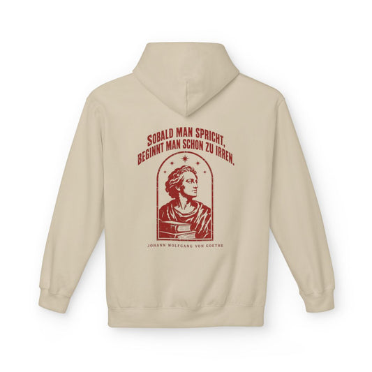 Unisex Fleece Hoodie mit Zitat - Goethe - Sobald man spricht Vintage – back