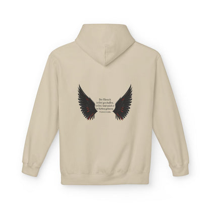 Unisex Fleece Hoodie mit Zitat - Schiller - Der Mensch ist frei – back