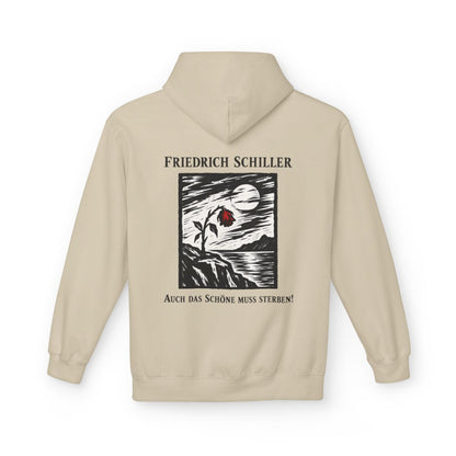 Unisex Fleece Hoodie mit Zitat - Schiller - Auch das Schöne muss sterben Holzschnitt – back