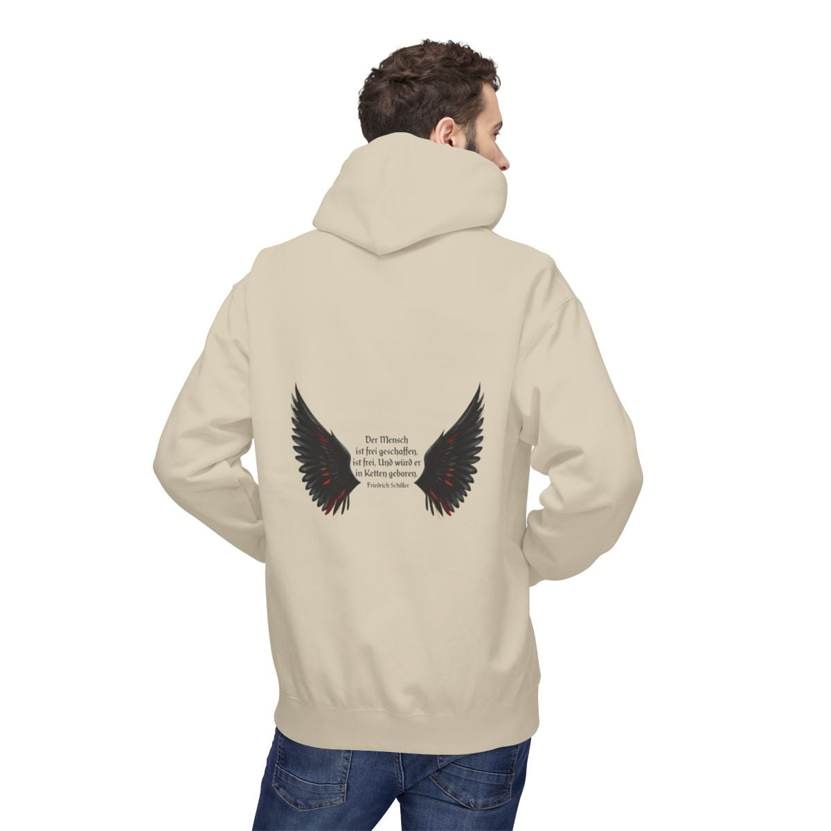 Unisex Fleece Hoodie mit Zitat - Schiller - Der Mensch ist frei – person-2-back