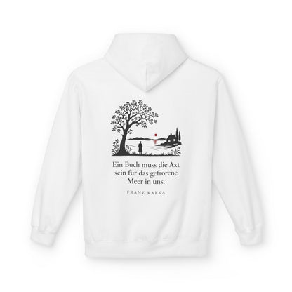 Unisex Fleece Hoodie mit Zitat - Kafka - Ein Buch muss die Axt Scherenschnitt – back