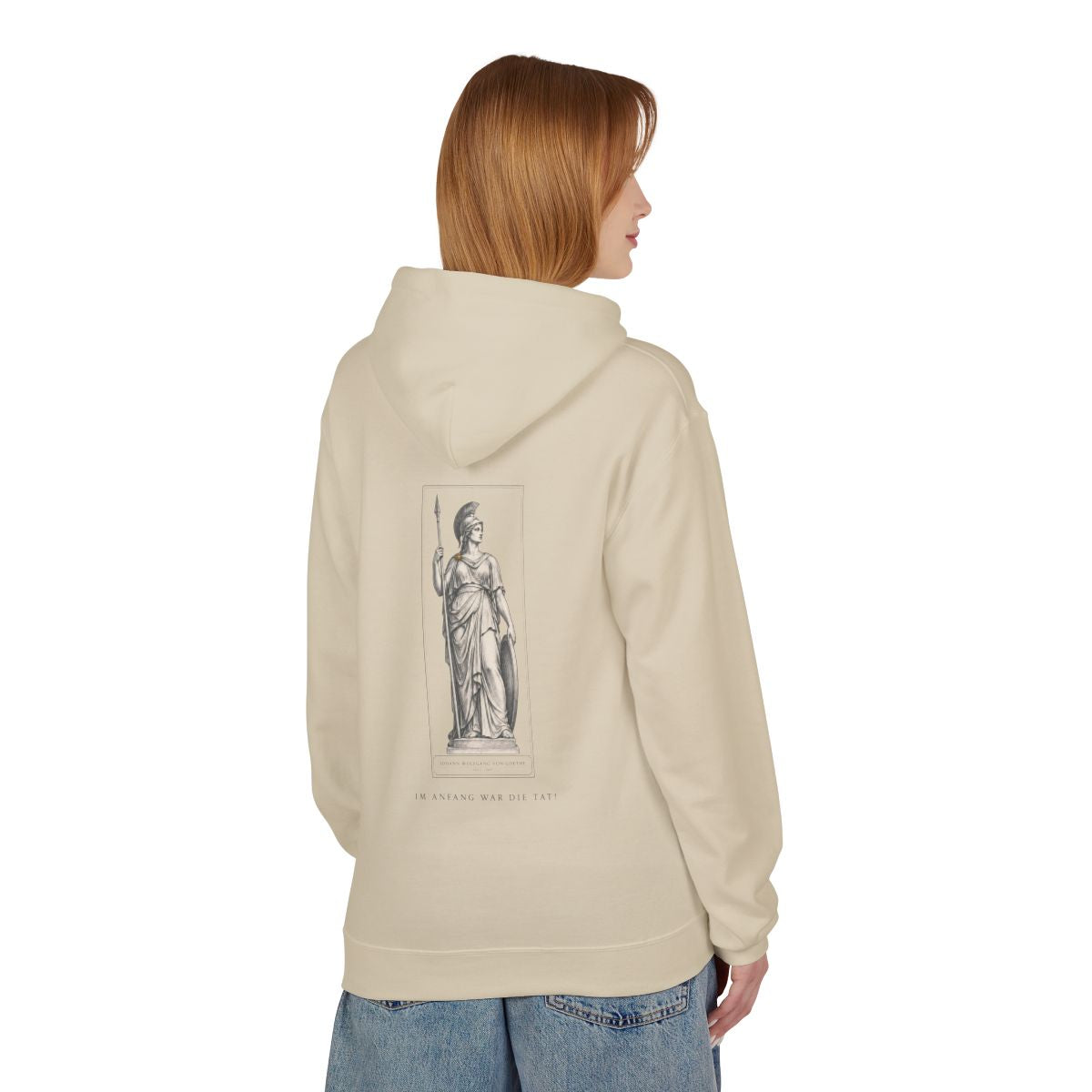 Unisex Fleece Hoodie mit Zitat - Goethe - Im Anfang war die Tat – person-1-back