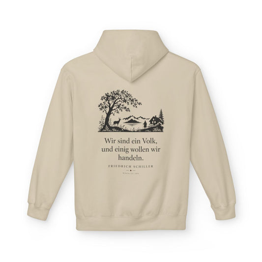 Unisex Fleece Hoodie mit Zitat - Schiller - Wir sind ein Volk Scherenschnitt – back
