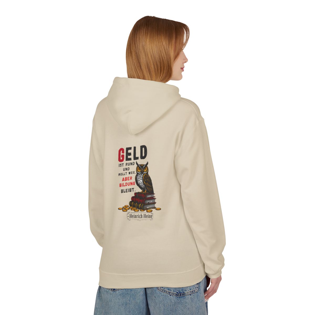 Unisex Fleece Hoodie mit Zitat - Heine - Geld ist rund – person-1-back