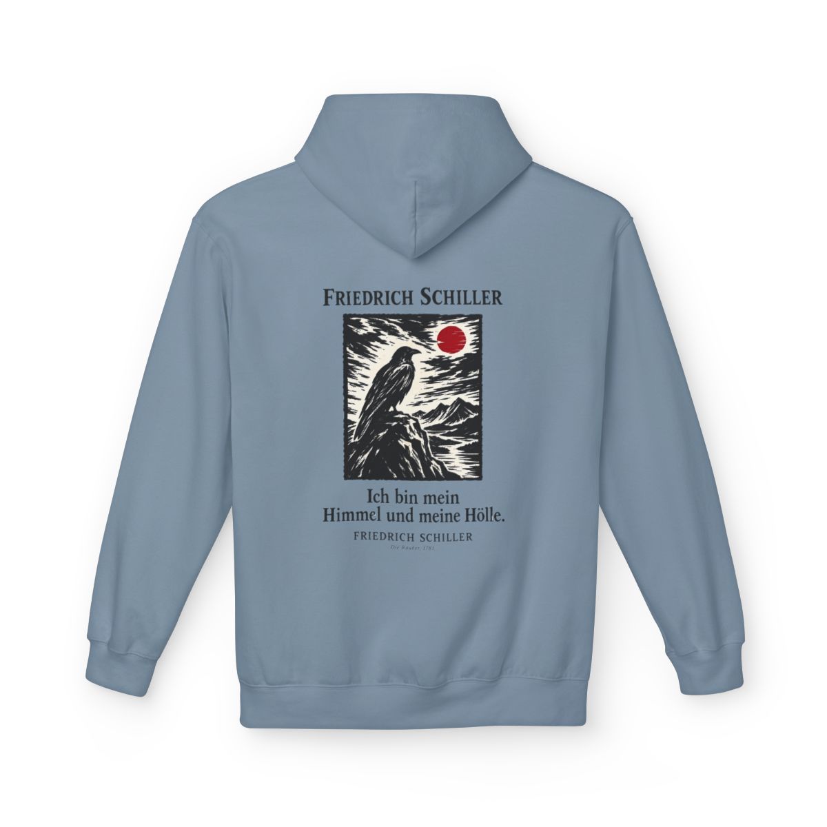 Unisex Fleece Hoodie mit Zitat - Schiller - Ich bin mein Himmel und meine Hölle Holzschnitt – back