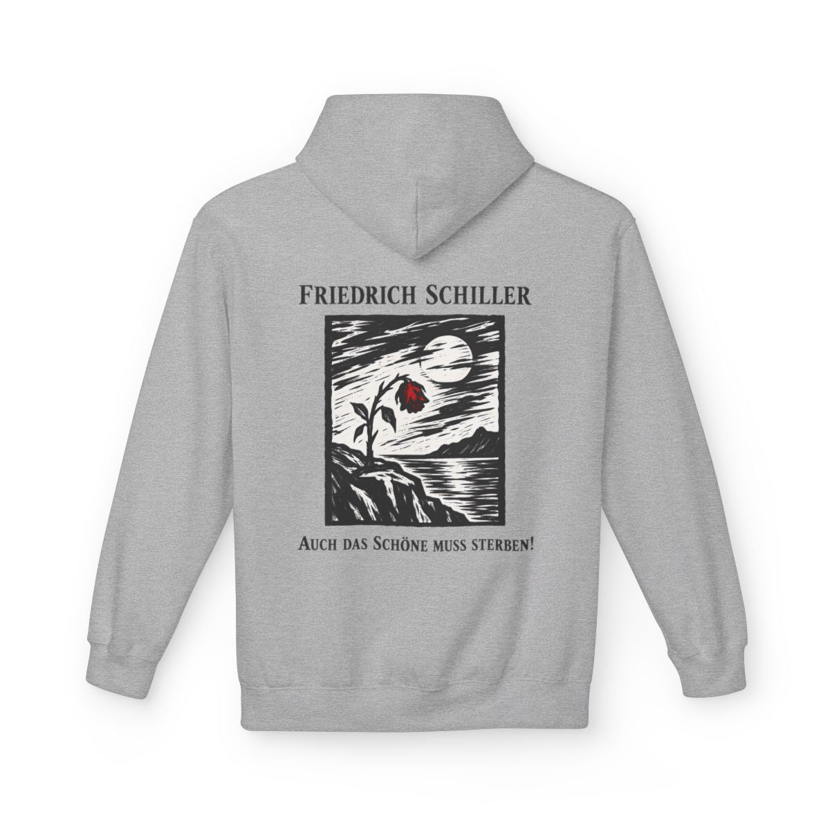 Unisex Fleece Hoodie mit Zitat - Schiller - Auch das Schöne muss sterben Holzschnitt – back