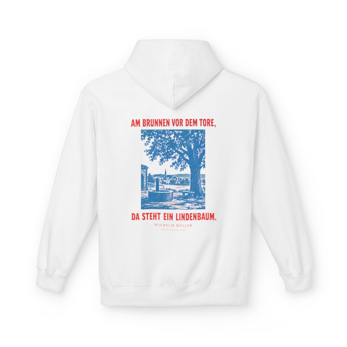 Unisex Fleece Hoodie mit Zitat - Müller - Am Brunnen vor dem Tore Plakat – back