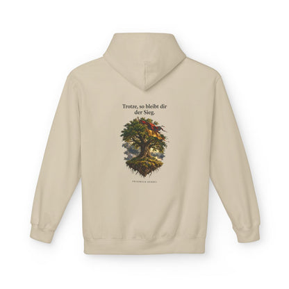 Unisex Fleece Hoodie mit Zitat - Hebbel - Trotze so bleibt dir der Sieg – back