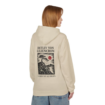 Unisex Fleece Hoodie mit Zitat - Liliencron - Lieber tot als Sklave Holzschnitt – person-1-back