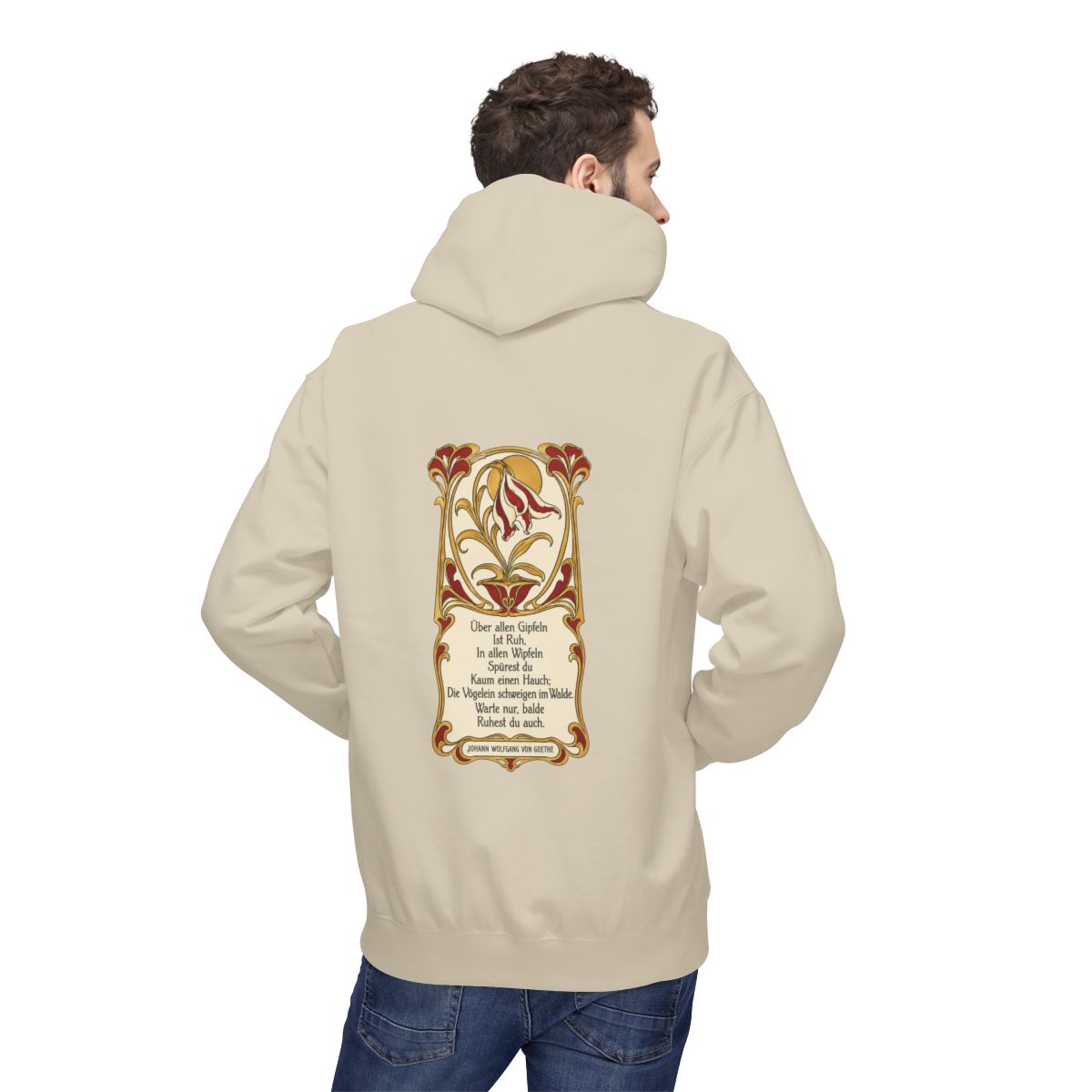 Unisex Fleece Hoodie mit Zitat - Goethe - Über allen Gipfeln Jugendstil – person-2-back