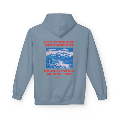 Unisex Fleece Hoodie mit Zitat - Busch - Ferne Berge seh ich glühen – back