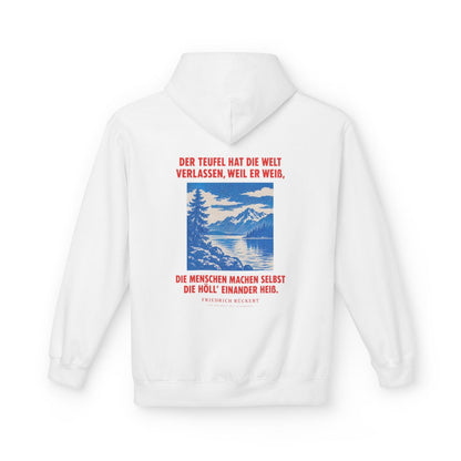 Unisex Fleece Hoodie mit Zitat - Rückert - Der Teufel hat die Welt Plakat – back