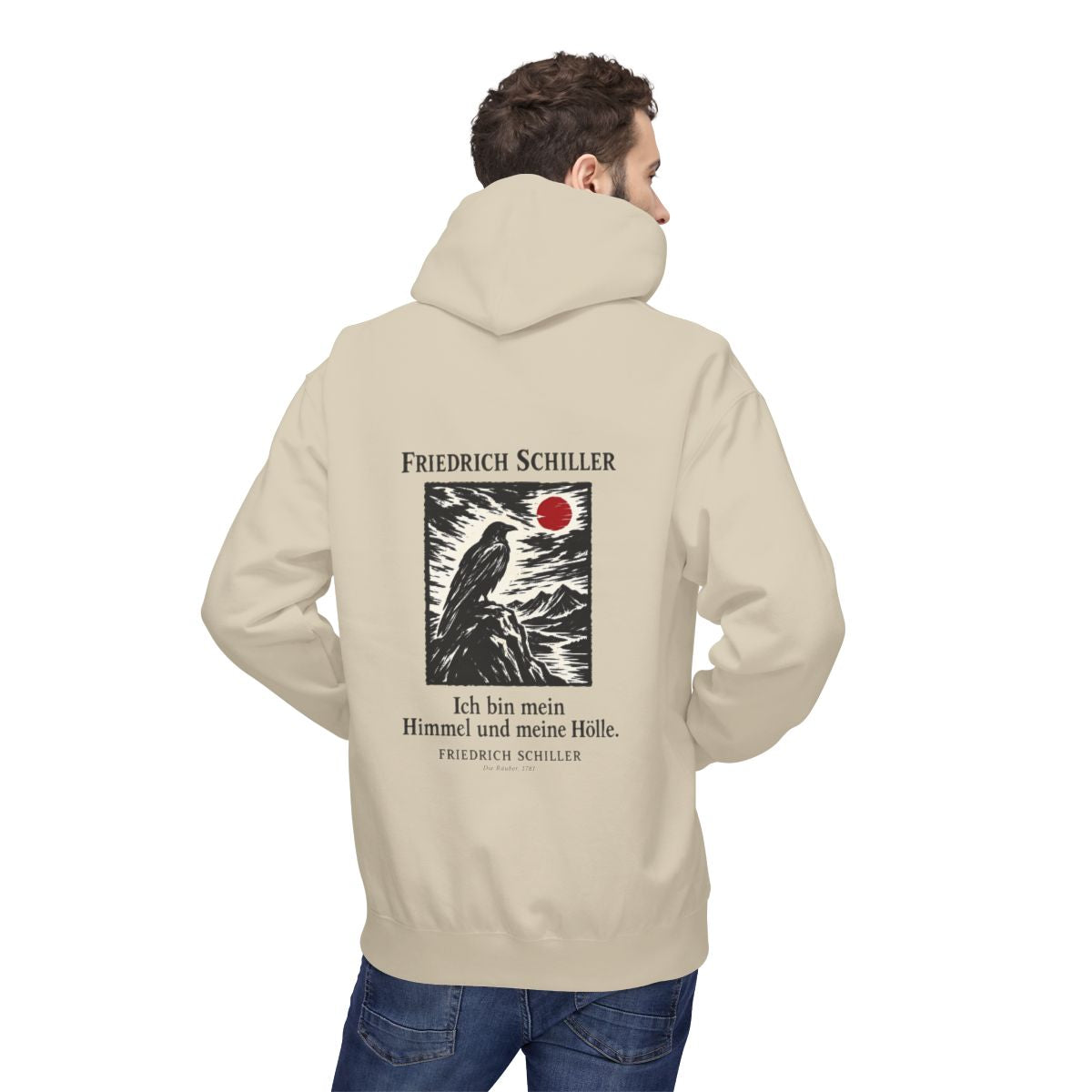 Unisex Fleece Hoodie mit Zitat - Schiller - Ich bin mein Himmel und meine Hölle Holzschnitt – person-2-back