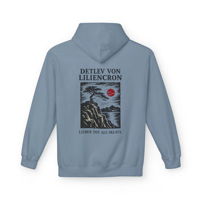 Unisex Fleece Hoodie mit Zitat - Liliencron - Lieber tot als Sklave Holzschnitt – back