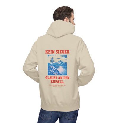 Unisex Fleece Hoodie mit Zitat - Nietzsche - Kein Sieger glaubt an den Zufall – person-2-back