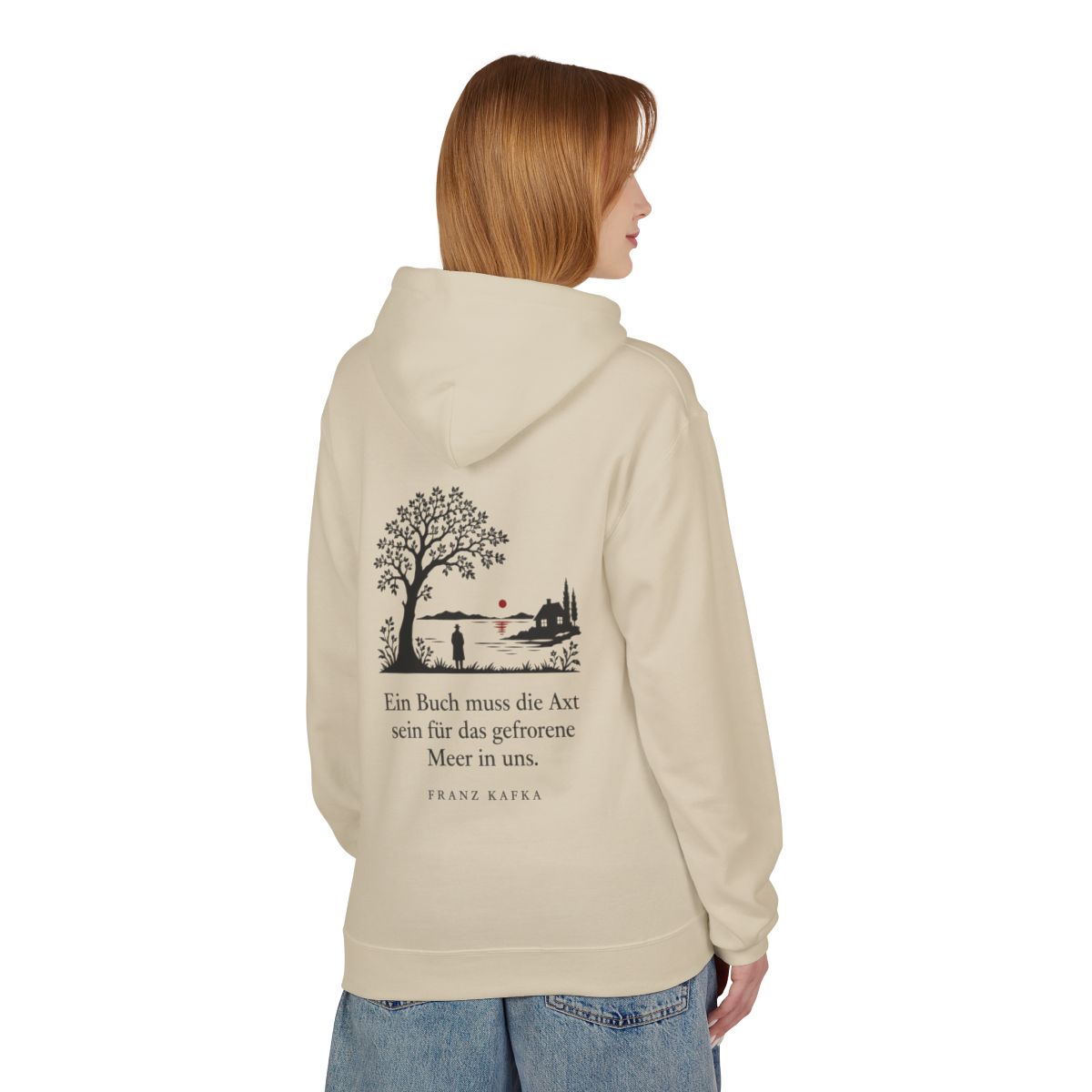 Unisex Fleece Hoodie mit Zitat - Kafka - Ein Buch muss die Axt Scherenschnitt – person-1-back
