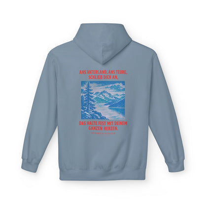 Unisex Fleece Hoodie mit Zitat - Schiller - Ans Vaterland, ans teure, schließ dich an – back