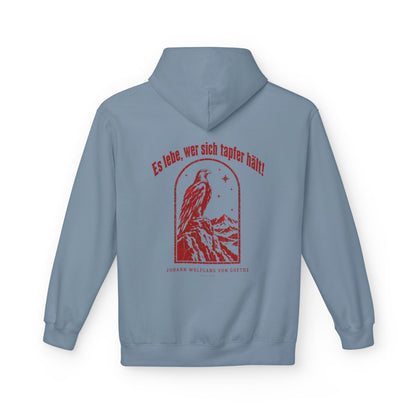 Unisex Fleece Hoodie mit Zitat - Goethe - Es lebe, wer sich tapfer hält Vintage – back