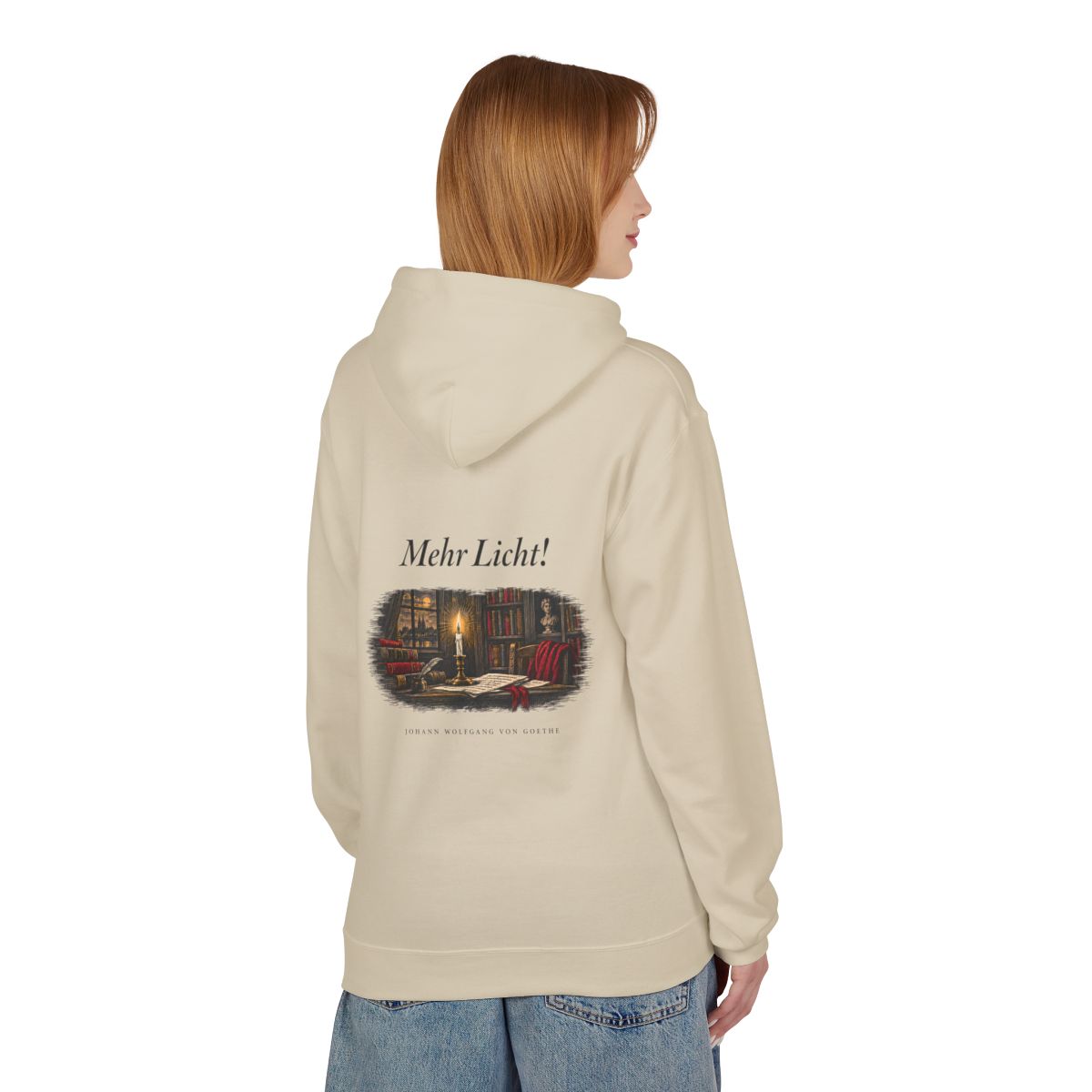 Unisex Fleece Hoodie mit Zitat - Goethe - Mehr Licht – person-1-back