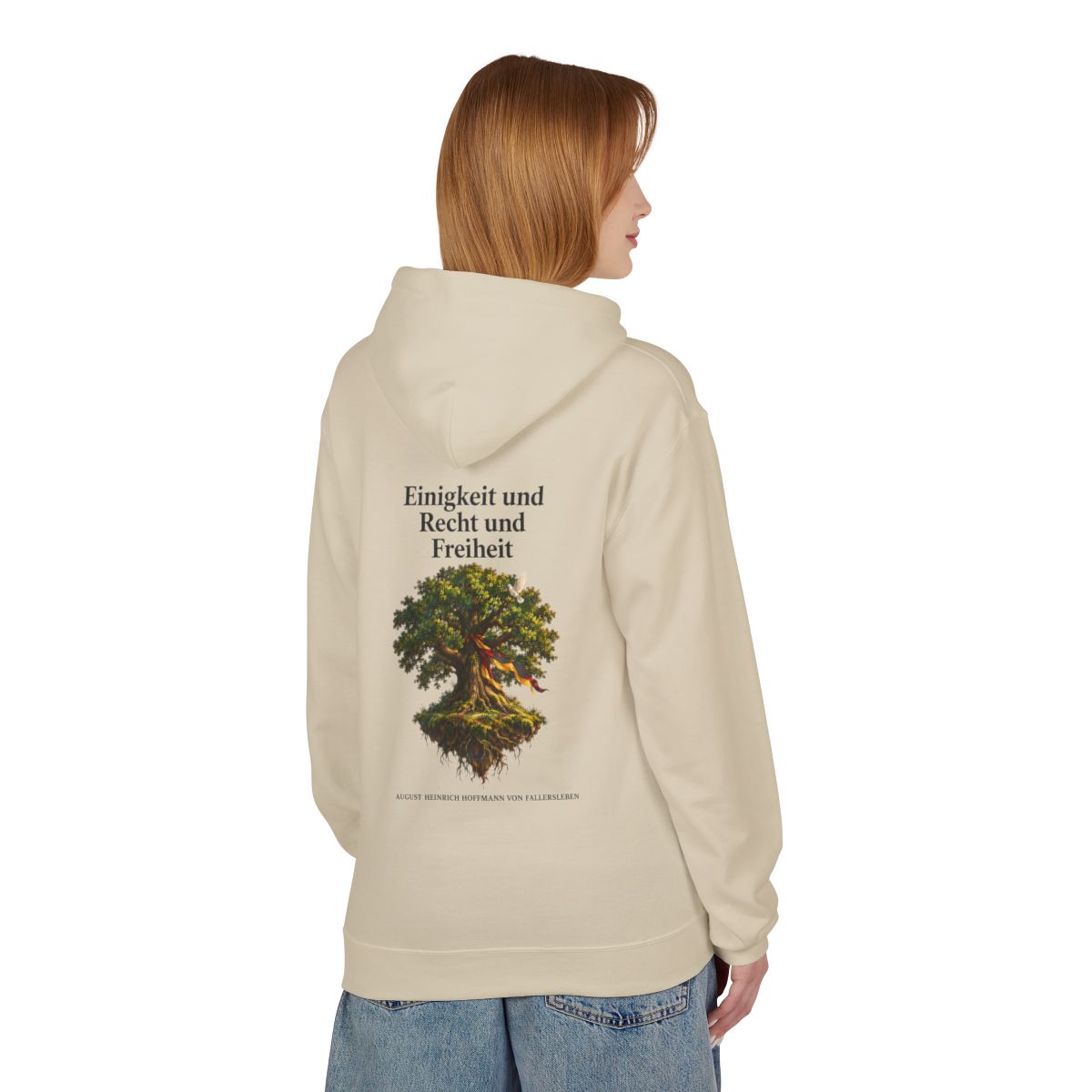 Unisex Fleece Hoodie mit Zitat - Fallersleben - Einigkeit und Recht und Freiheit – person-1-back