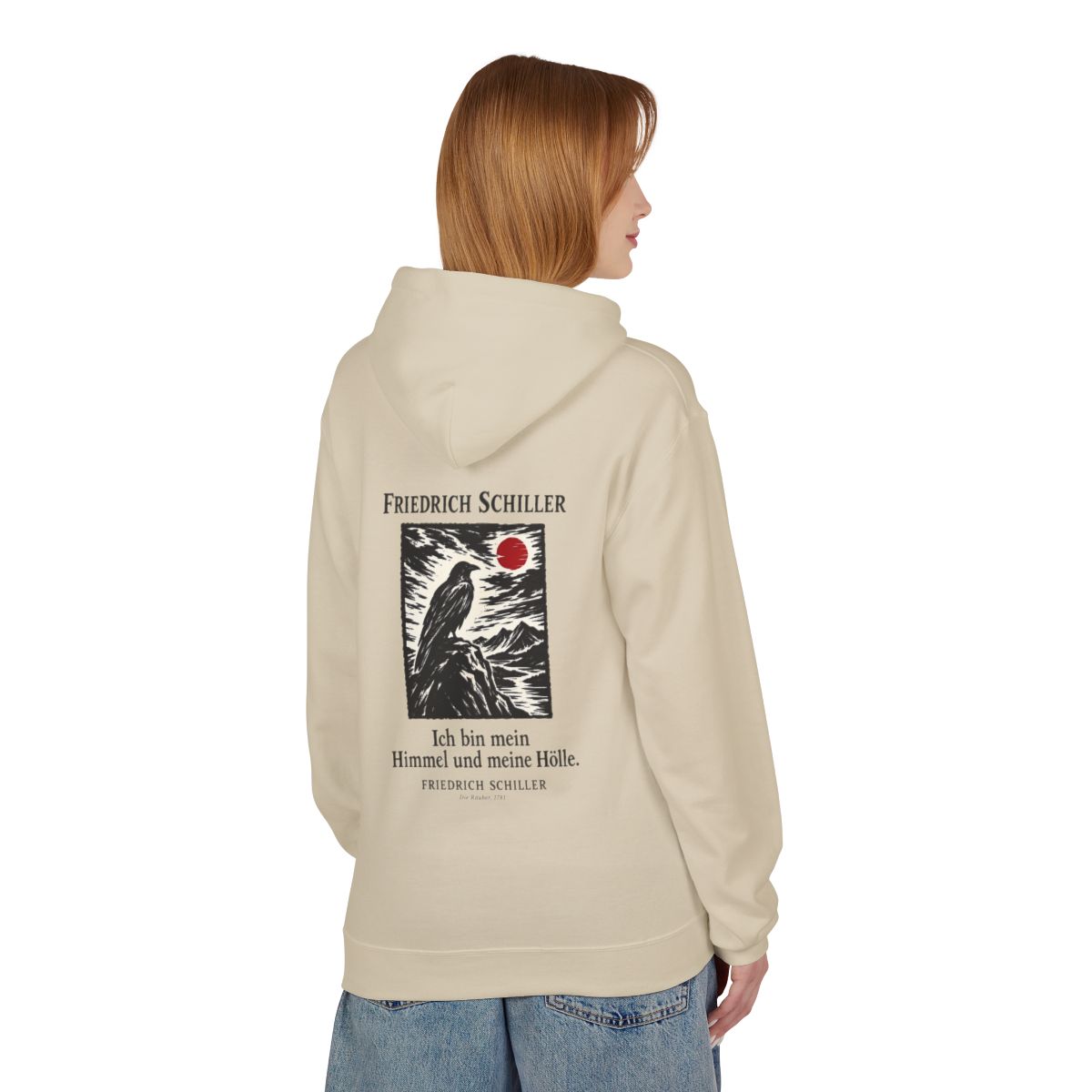 Unisex Fleece Hoodie mit Zitat - Schiller - Ich bin mein Himmel und meine Hölle Holzschnitt – person-1-back