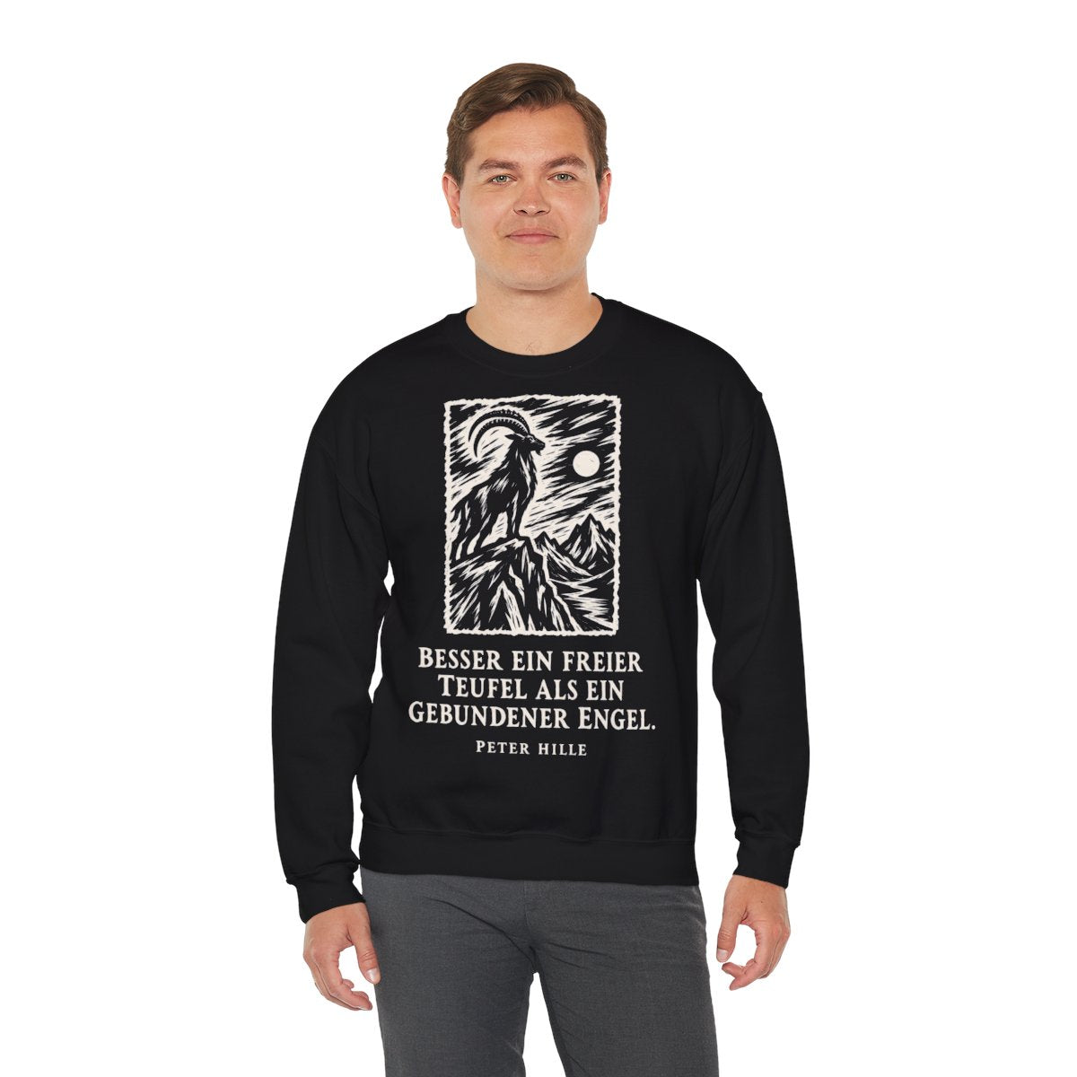 Unisex Sweatshirt mit Zitat - Hille - Besser ein freier Teufel Holzschnitt – person-3