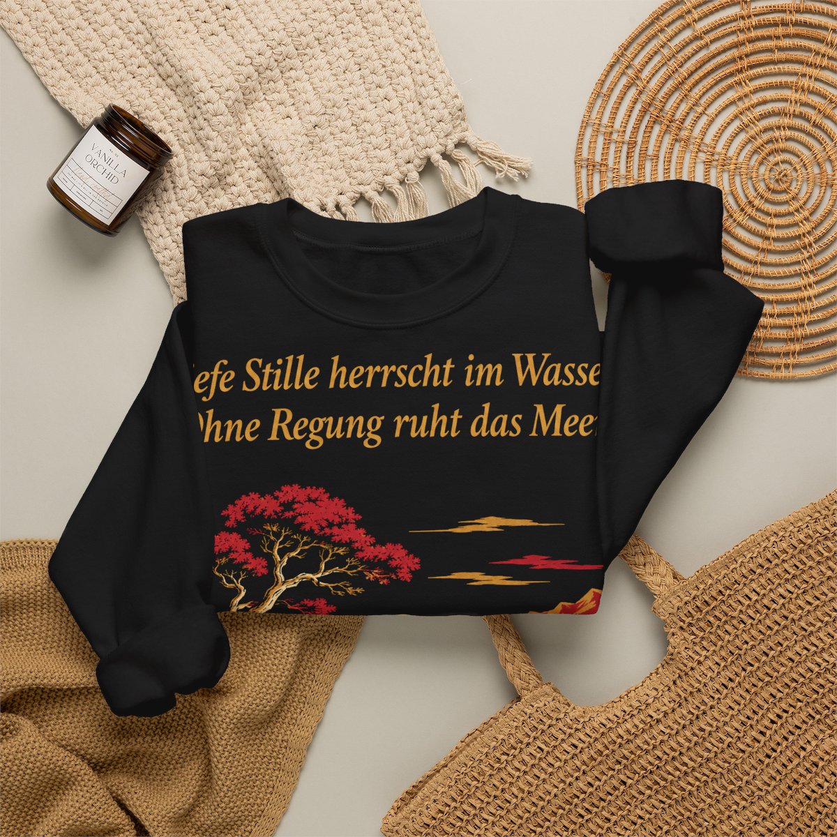 Unisex Sweatshirt mit Zitat - Goethe - Tiefe Stille herrscht im Wasser – folded-2