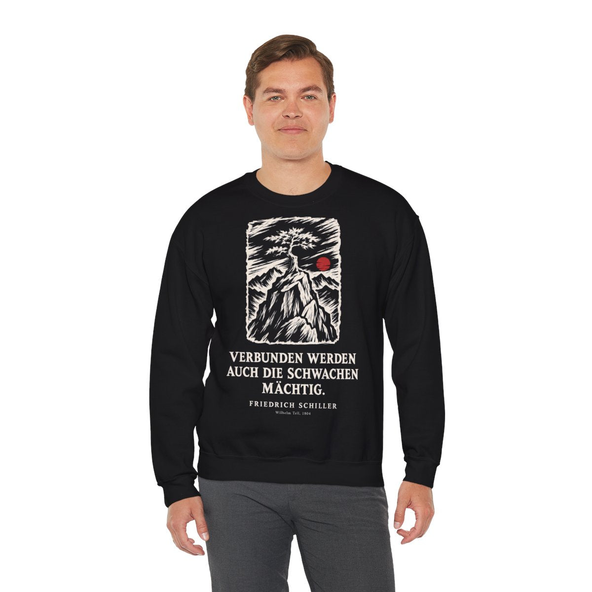 Unisex Sweatshirt mit Zitat - Schiller - Verbunden werden auch die Schwachen mächtig Holzschnitt – person-3