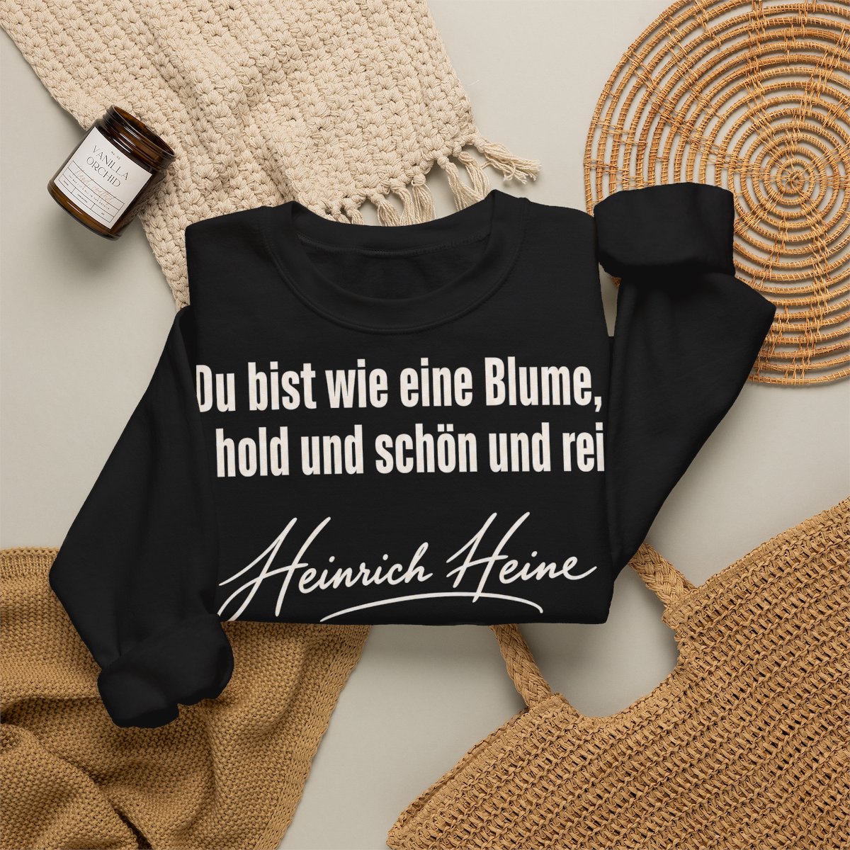 Unisex Sweatshirt mit Zitat - Heine - Du bist wie eine Blume Signatur – folded-2