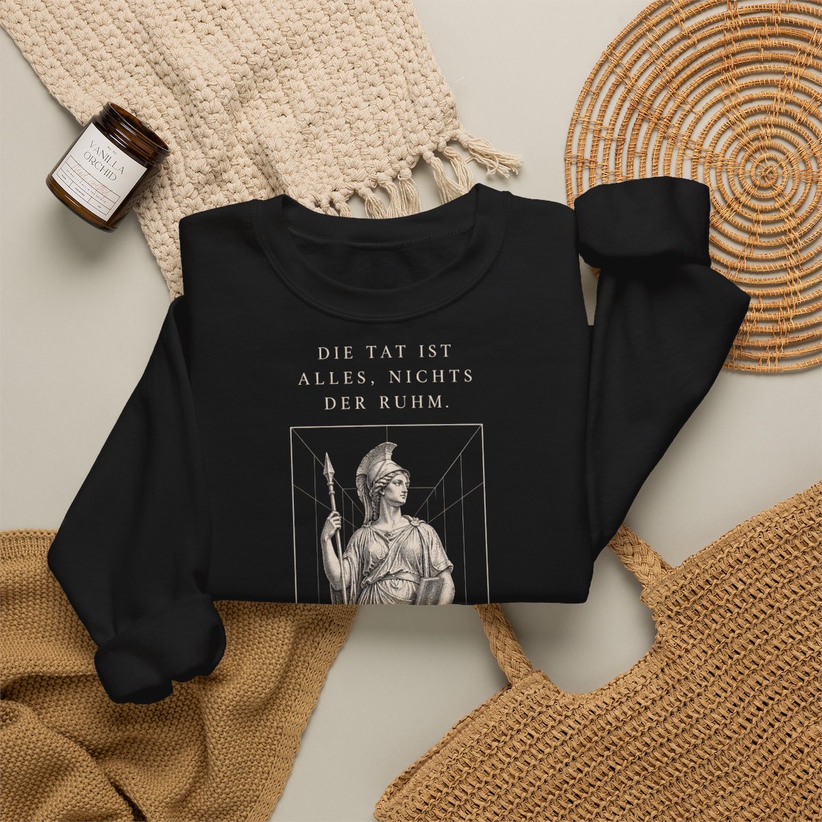 Unisex Sweatshirt mit Zitat - Goethe - Die Tat ist alles, nichts der Ruhm – folded-2